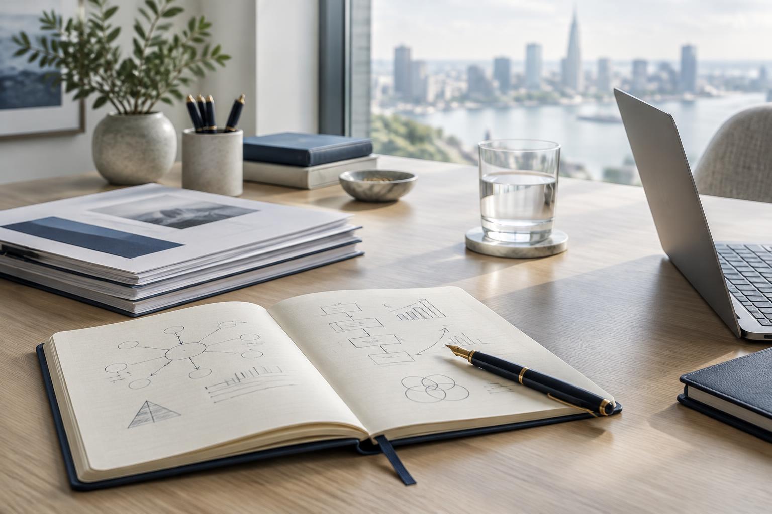 Open strategy notebook and briefing documents beside a laptop