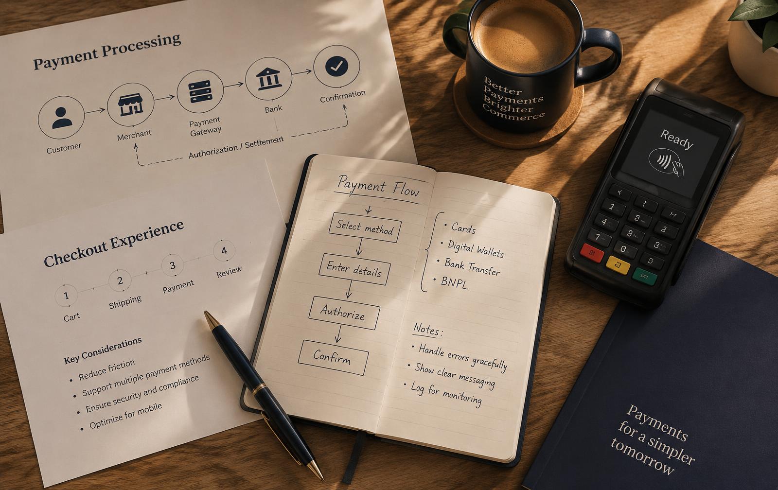 Working session table with payment flow sketches and a card terminal